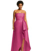 Strapless Satin Gown with Draped Front Slit and Pockets - thumbnail