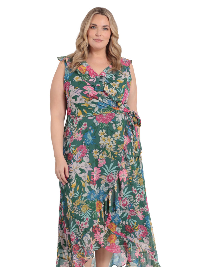 Floral side tie ruffle wrap maxi dress | Green/Pink