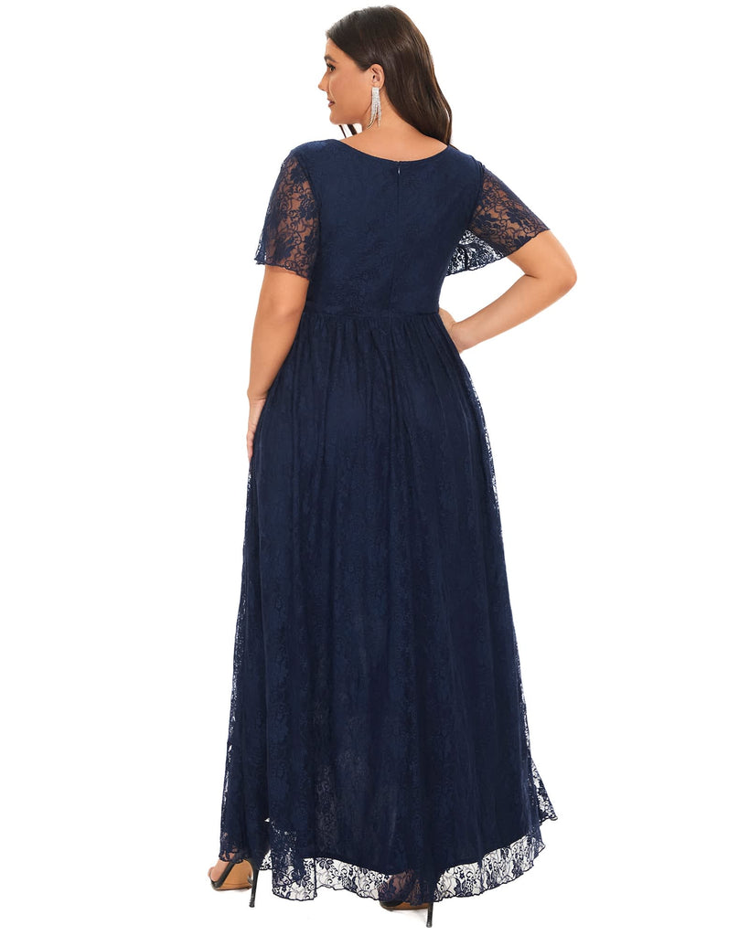 Short Sleeve Ruffled V-Neck A-Line Lace Evening Dress | Navy Blue