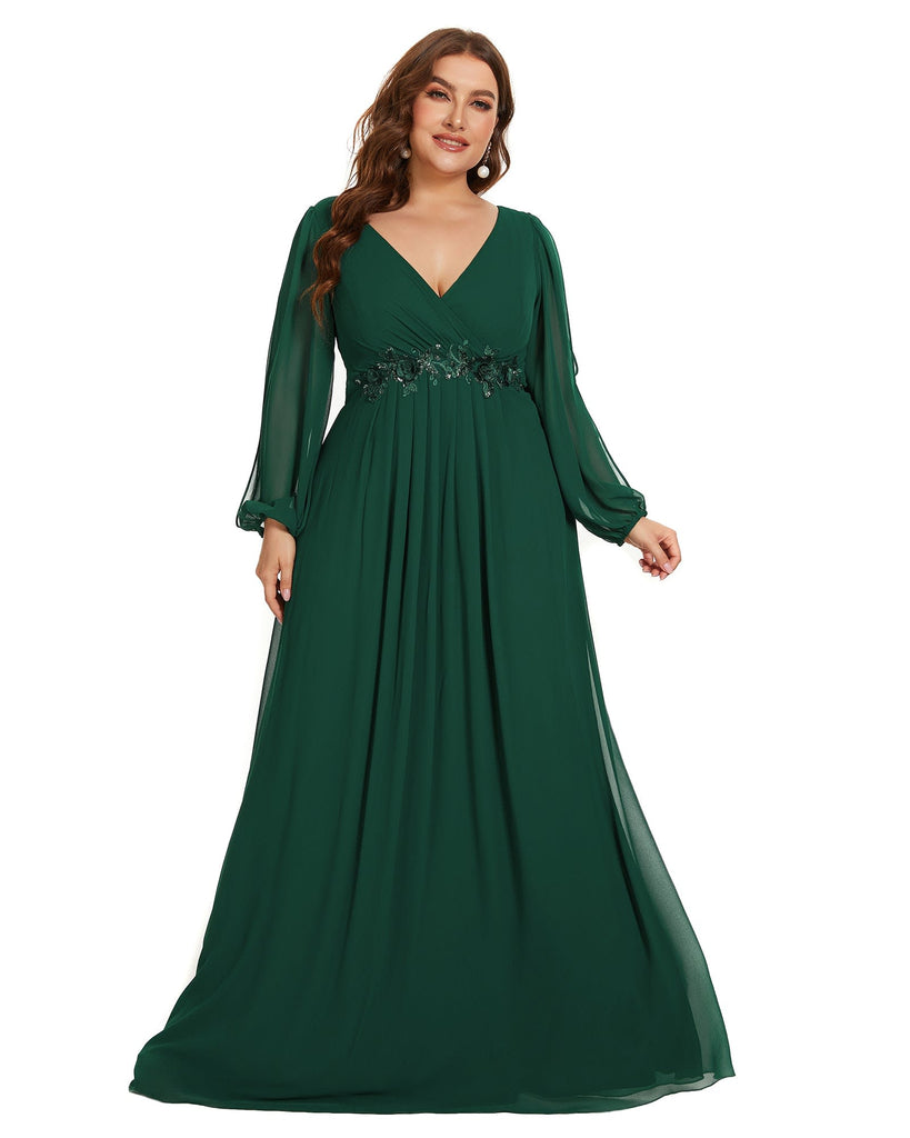Chiffon V-Neckline Long Sleeve Formal Evening Dress | Dark Green