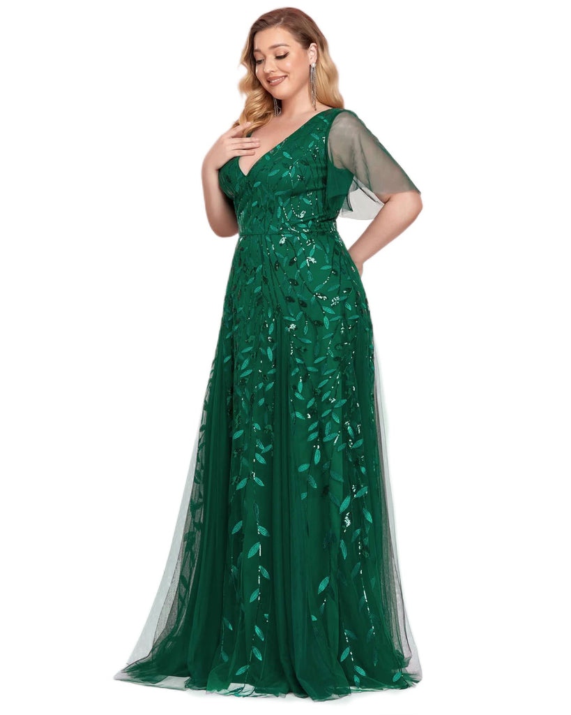 V Neck Ruffle Sleeves Sequin Maxi Evening Dress | Dark Green