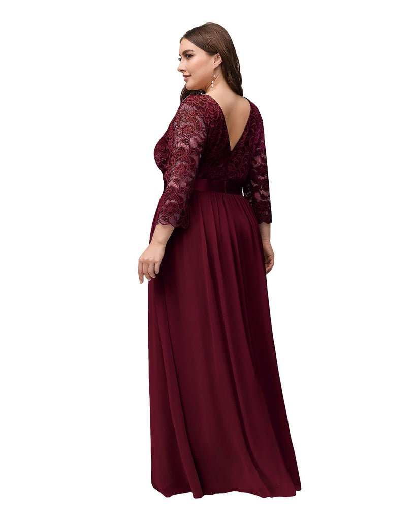 See-Through Floor Length Lace Evening Dress | Burgundy
