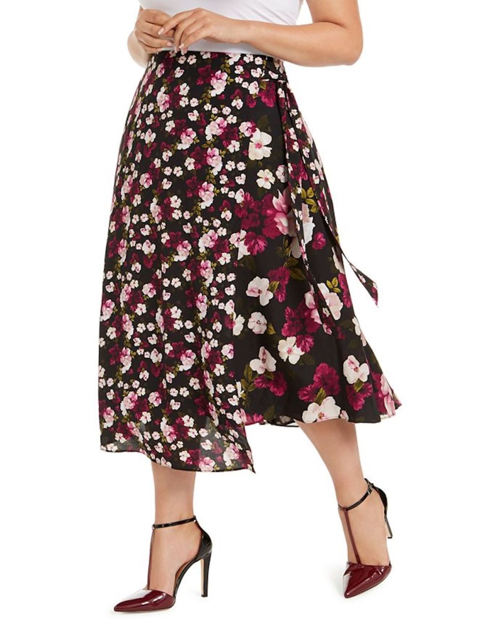 Calvin Klein Women\'s Plus Floral MIDI Wrap Skirt Black Size 14W | Blac