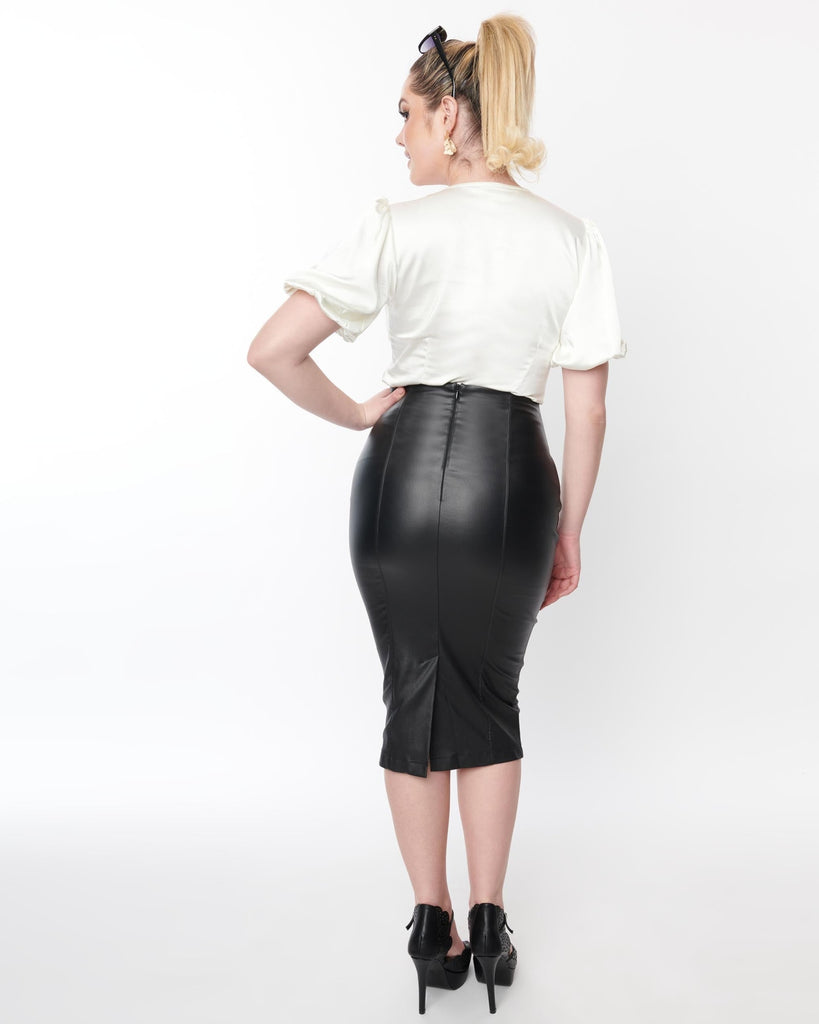 Unique Vintage Black Faux Leather Sailor Sierra Pencil Skirt | Black