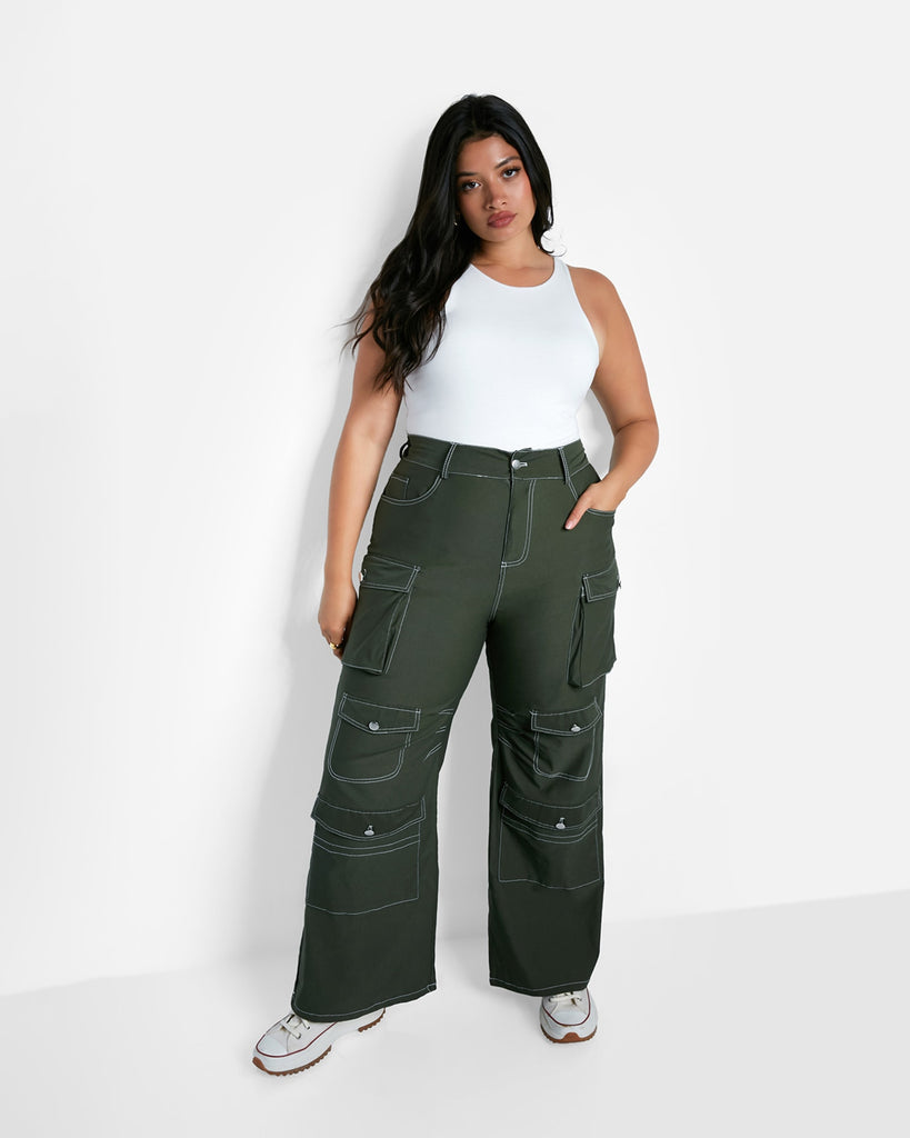 Jaida Wide Leg Cargo Pants - Olive Green | Green