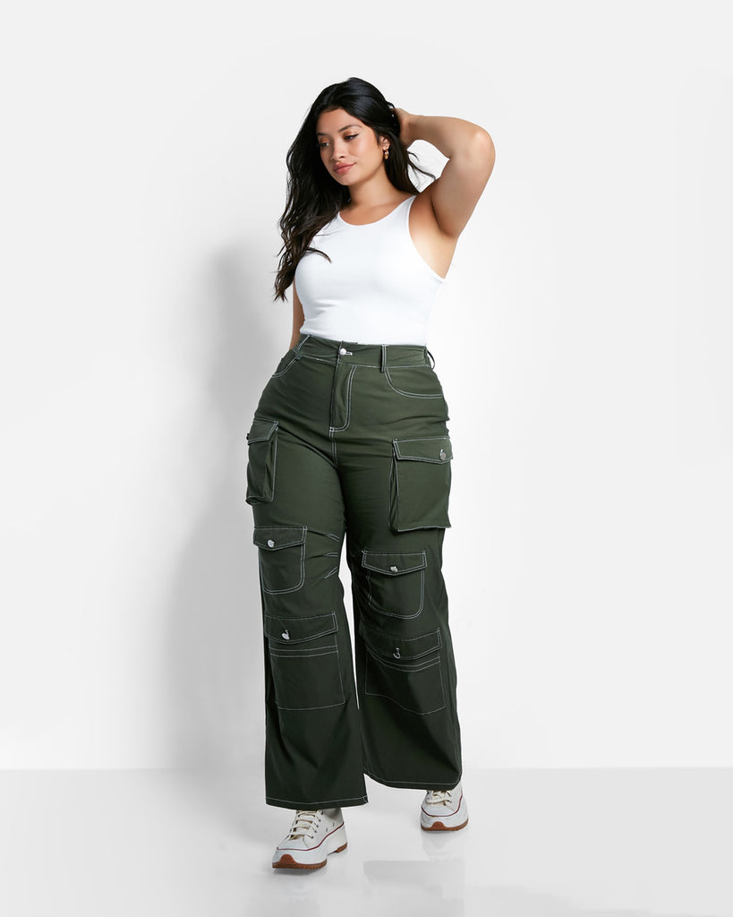 Jaida Wide Leg Cargo Pants - Olive Green | Green