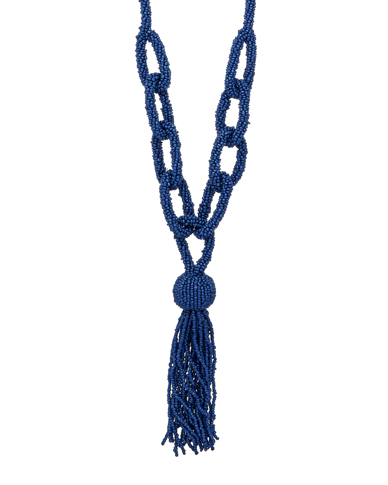 Peyton Seed Bead Link Tassel Necklace | Silver / Navy