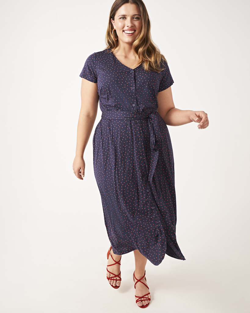 Rune Plus Size Polka Dot Button-Front Maxi Dress | Navy / Red