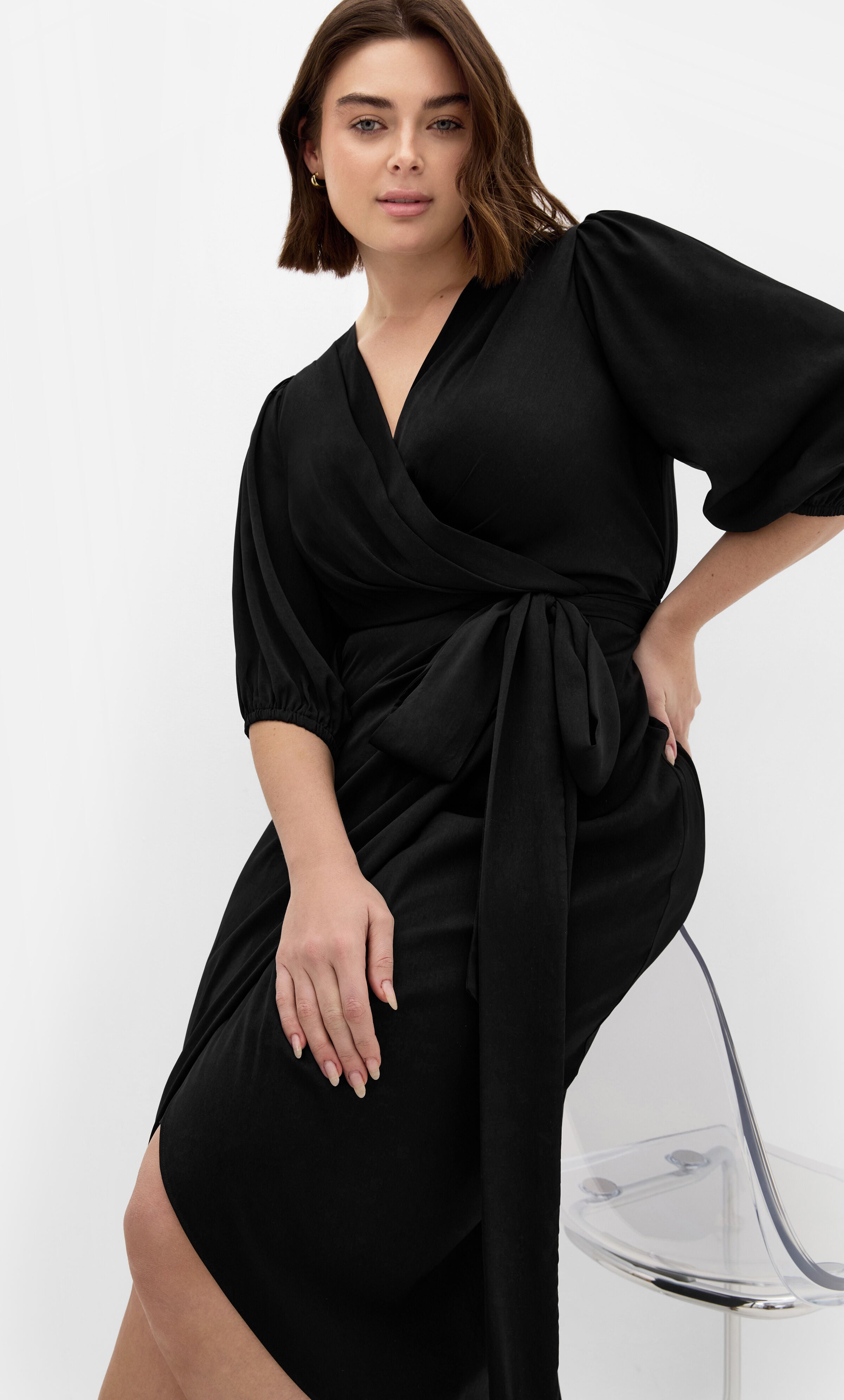 Opulent Elbow Sleeve Dress - black, BLACK, alternate image number 3