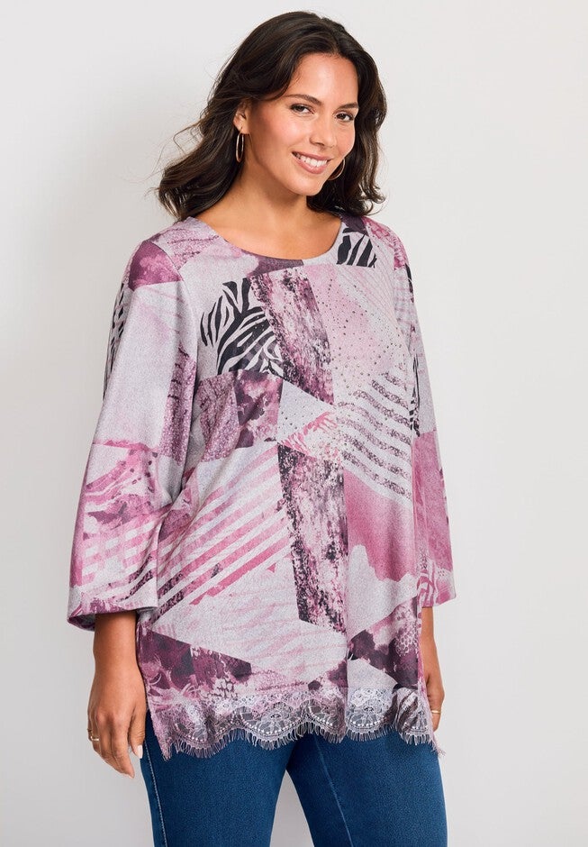 Lace Hem Top, PLUM GEO, hi-res image number 0