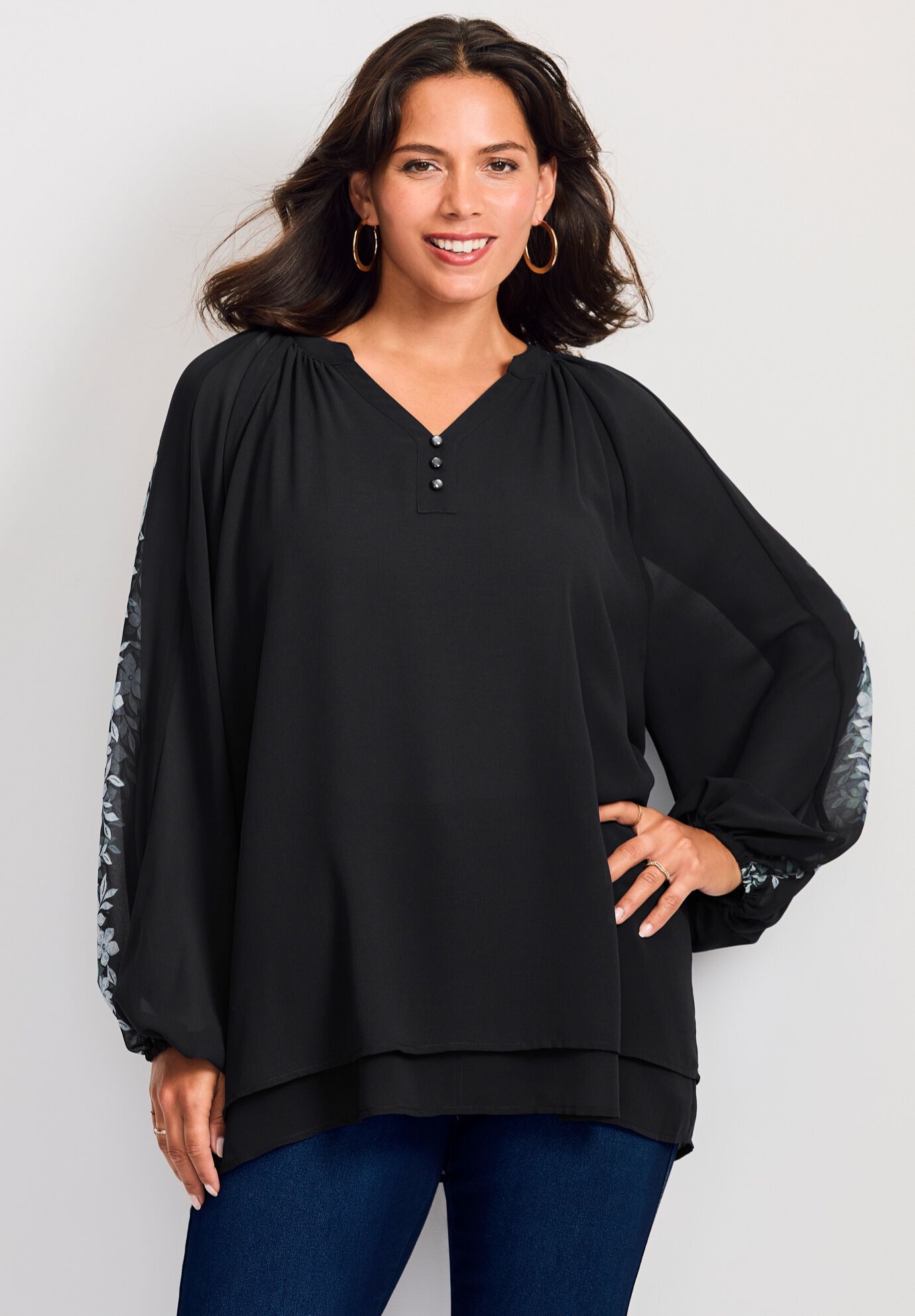 Double Layered Poet Blouse, BLACK FLOWER BORDER, on-hover image number 1