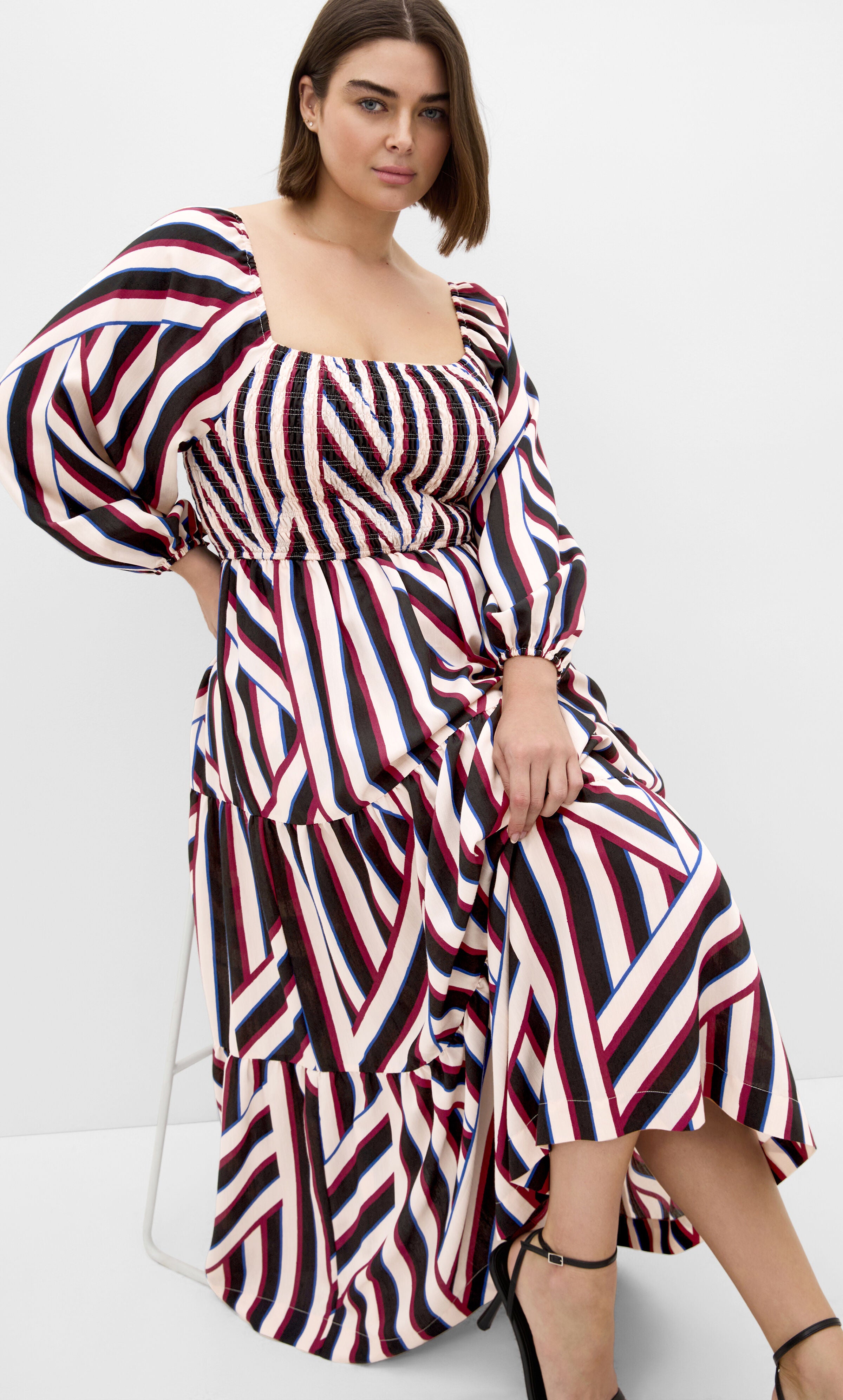 Timeless Stripe Shirred Maxi Dress, BLACK, on-hover image number 1