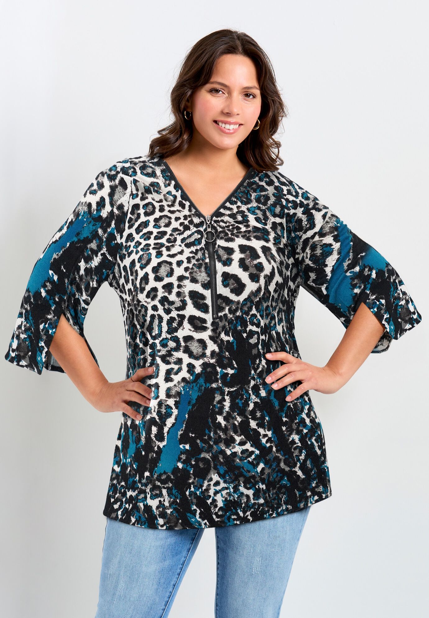 Leona Zip Top, TEAL ANIMAL, hi-res image number 0