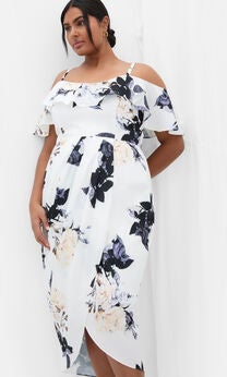Floral Drape Midi Dress - cream