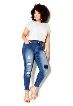 Patched Apple Skinny Jean - mid denim