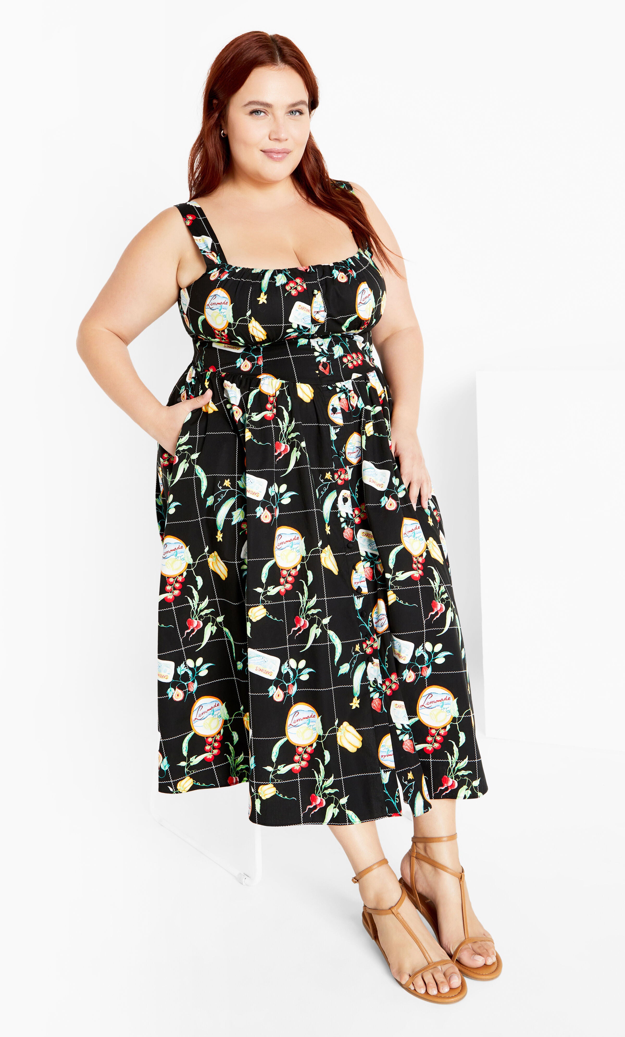 Postcards Print Cotton Dress - black, BLACK, hi-res image number 0