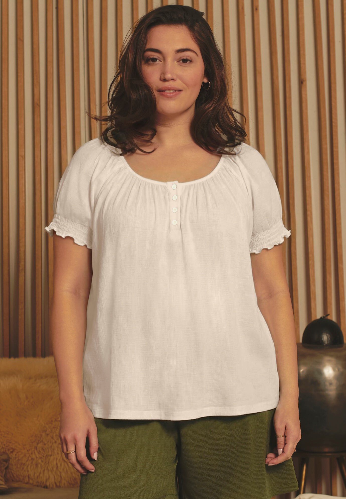 Gauze Puffed Sleeve Top, IVORY, hi-res image number 0