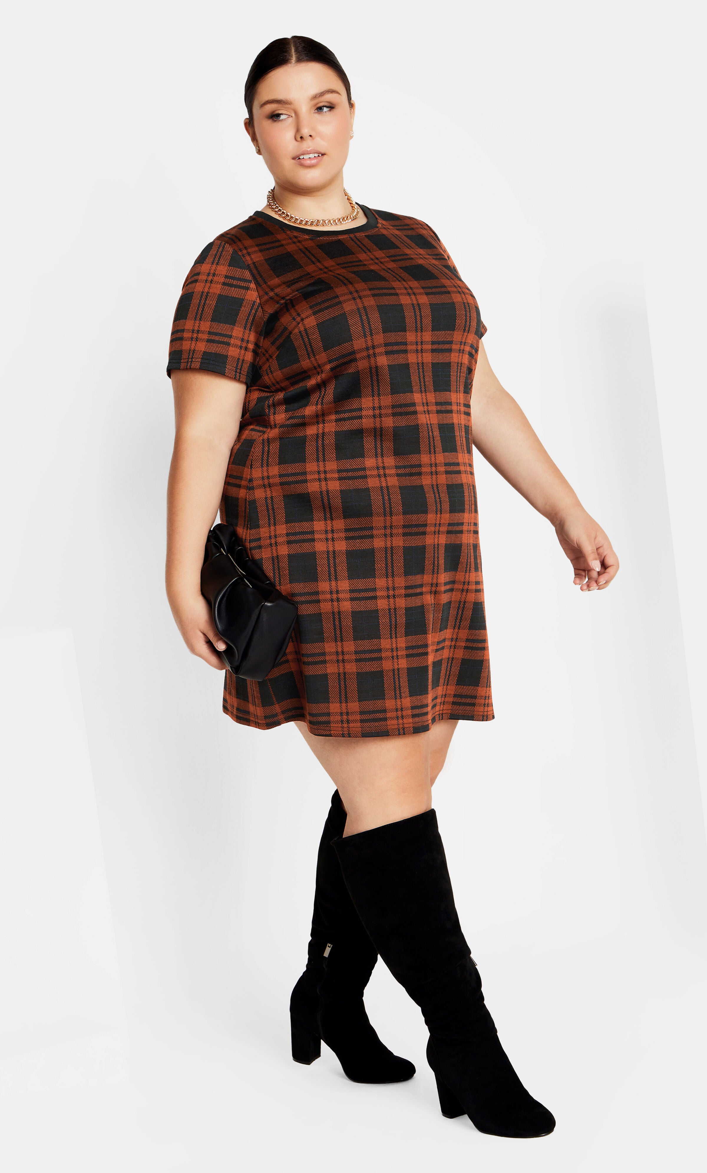 Check Love Shift Silhouette Mini Dress - caramel, BROWN, hi-res image number 0