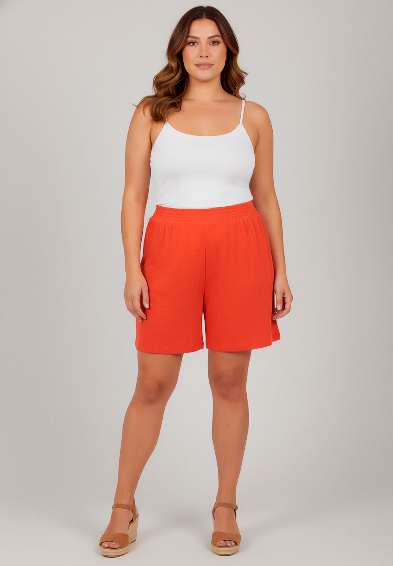Knit Gauze Smocked Shorts, BURNT ORANGE, on-hover image number 1