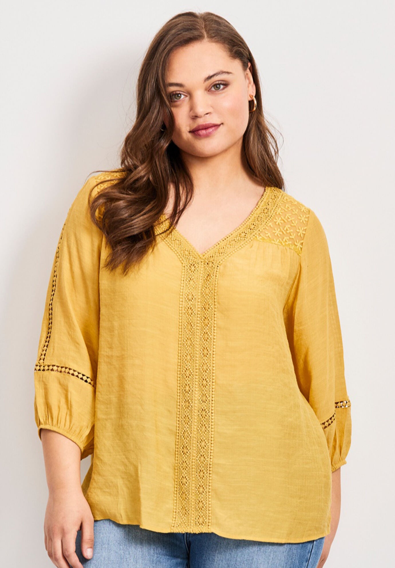 Embroidered Lace Detail Peasant Blouse, SUNFLOWER, alternate image number 6