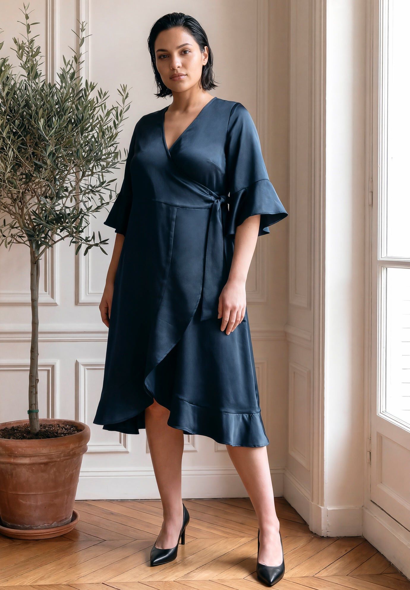 Charlotte Wrap Ruffle Dress, NAVY, hi-res image number 0