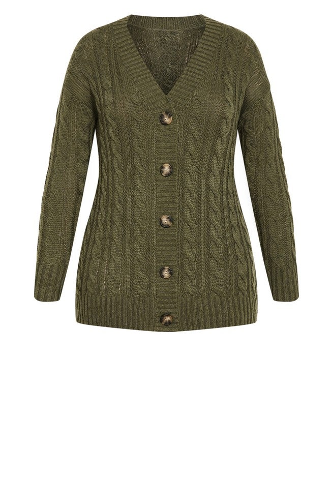Cara Cable Knit V Neck Cardigan, OLIVE, alternate image number null