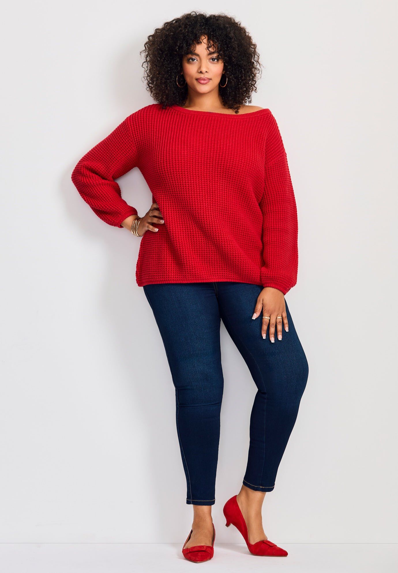 Waffle Stitch Pullover Sweater, VIBRANT RED, hi-res image number 0
