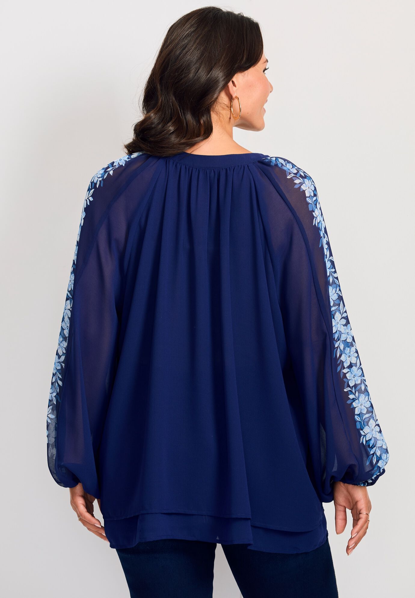 Double Layered Poet Blouse, BLUE FLOWER BORDER, alternate image number 2