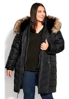 Chevron Faux Fur Hood Long Puffer Coat