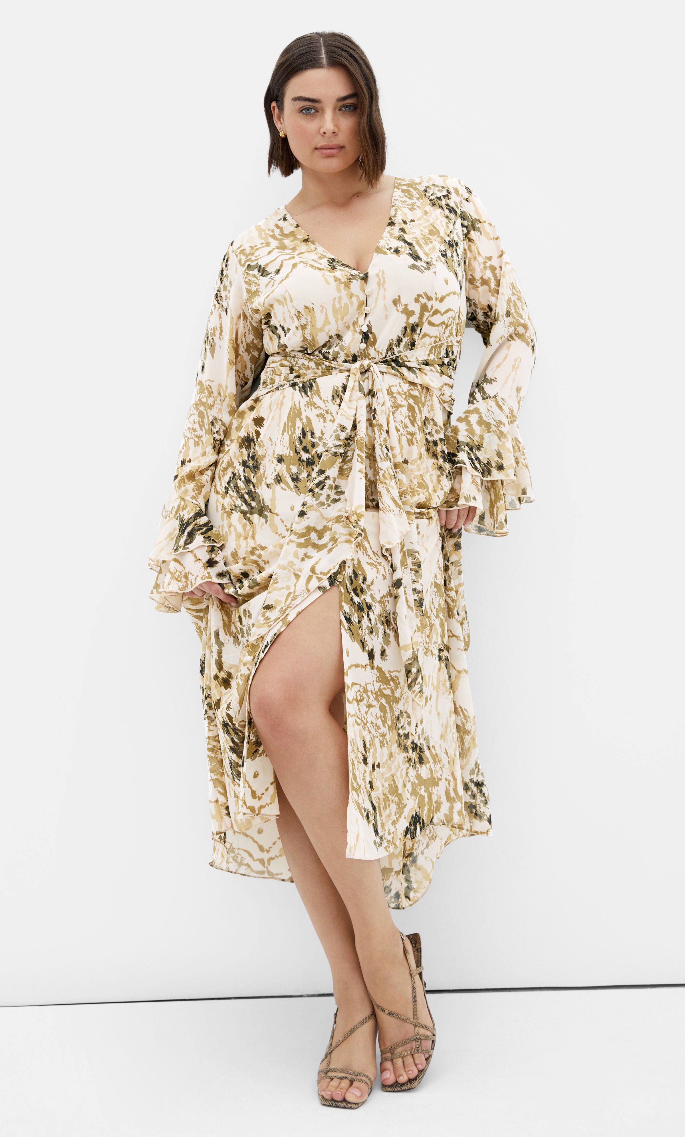 Plunge Frill Print Maxi Dress - natural, BEIGE, alternate image number 1