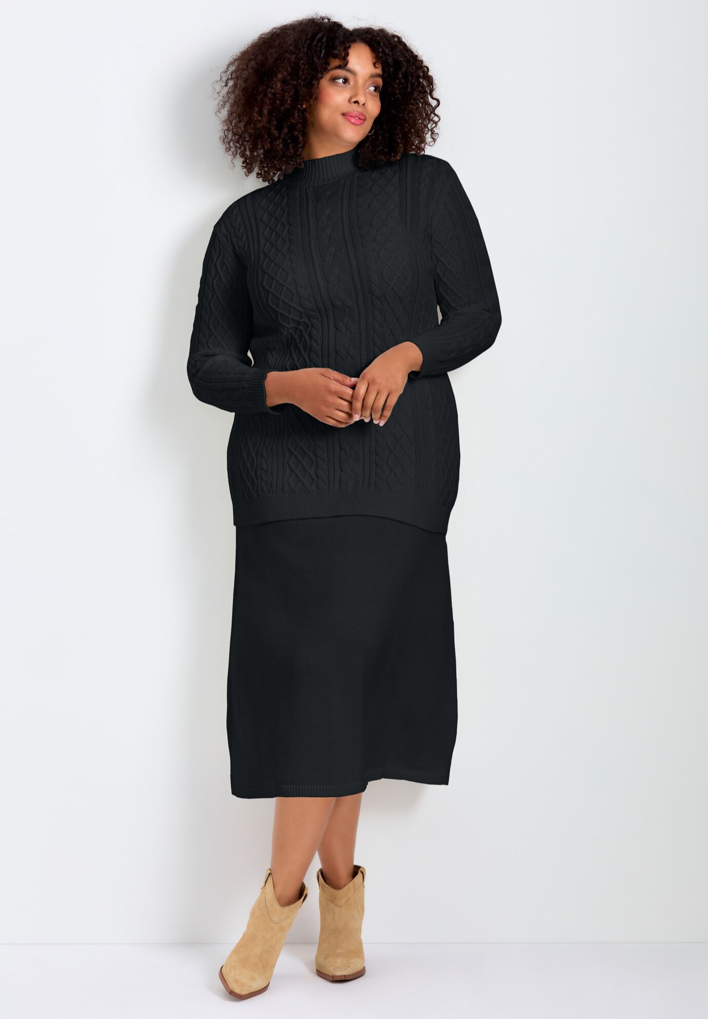 Mock Neck Cable Sweater, BLACK, on-hover image number 1