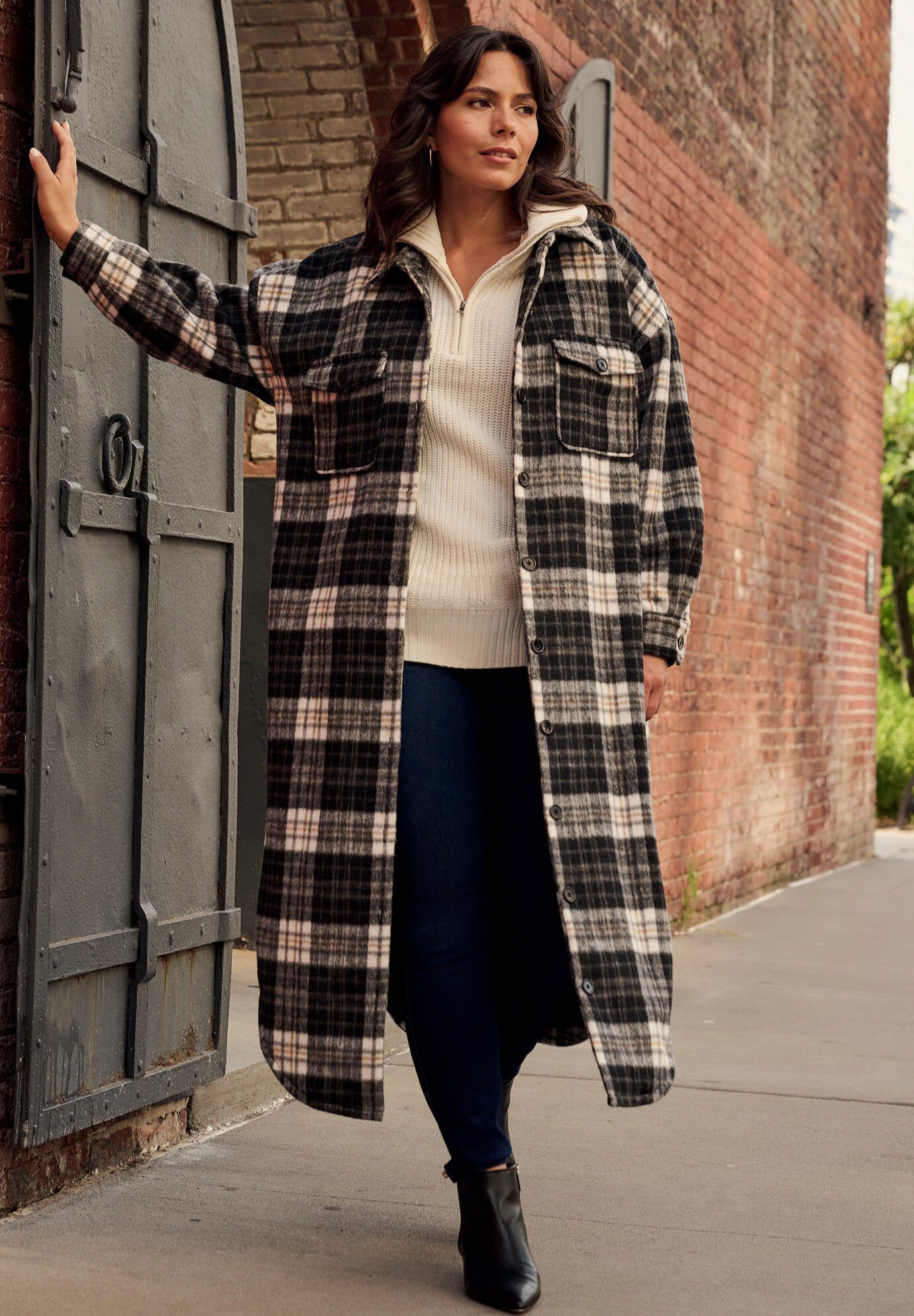 Brushed Long Shirt Jacket, BLACK BRUSHED PLAID, hi-res image number 0