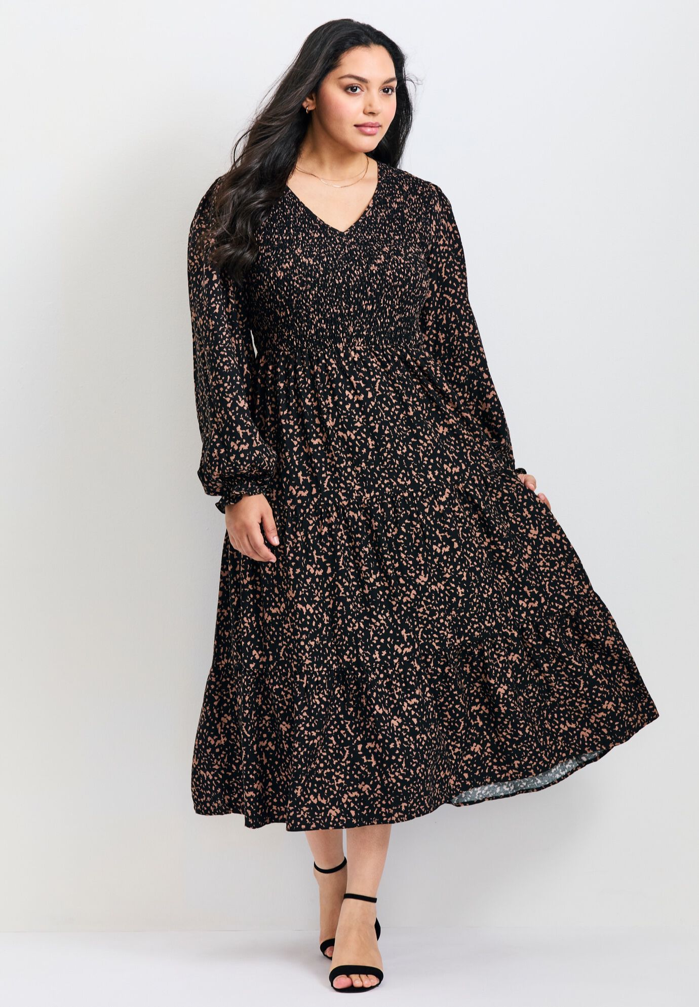 Indi Puff Sleeve Shirred Dress, PEBBLE, hi-res image number 0