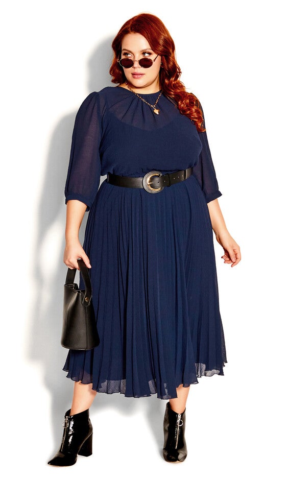 Love Pleat Elbow Sleeve Dress - navy, BLUE, hi-res image number null