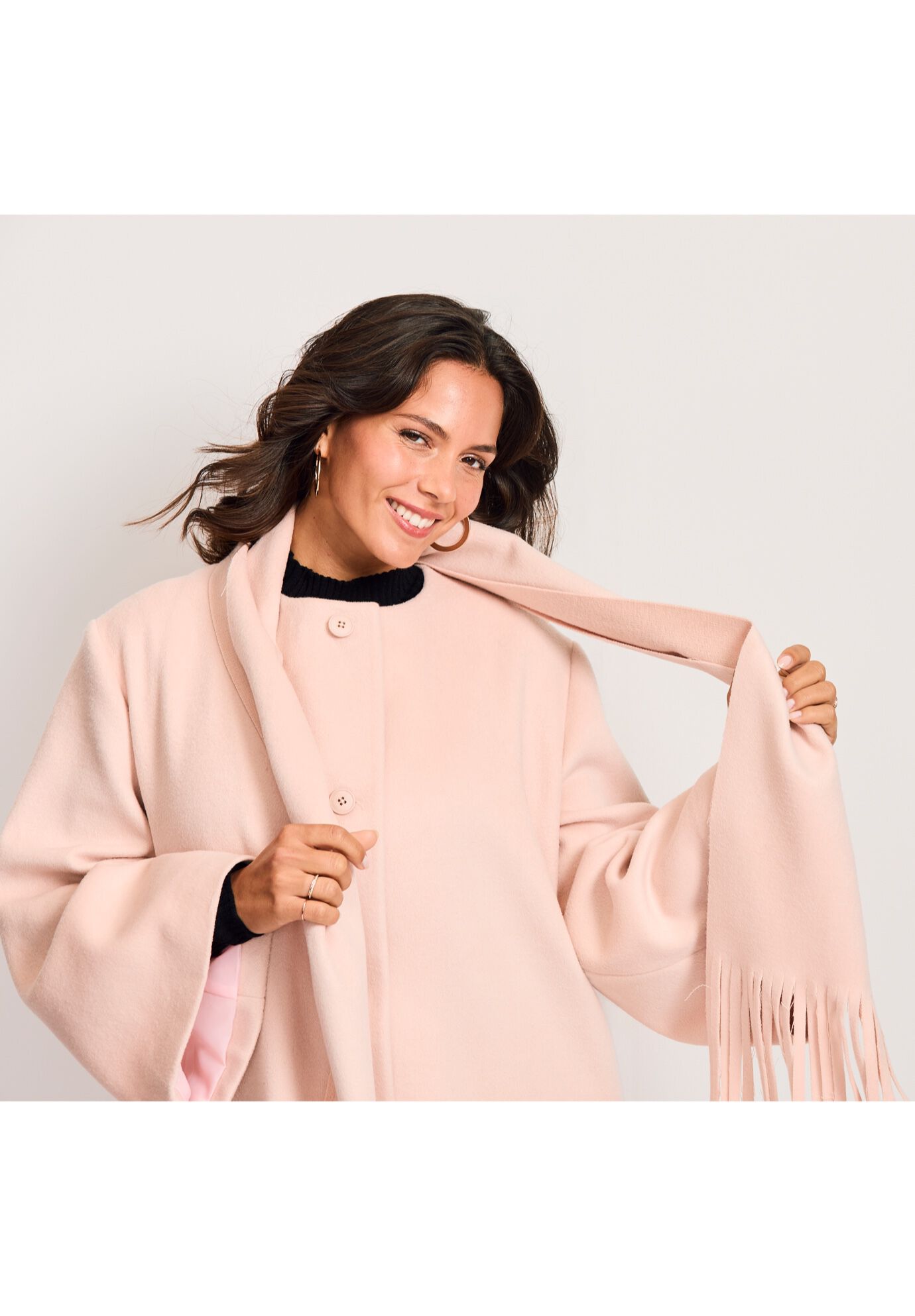 Detachable Fringe Scarf Coat, POWDER BLUSH, alternate image number 2