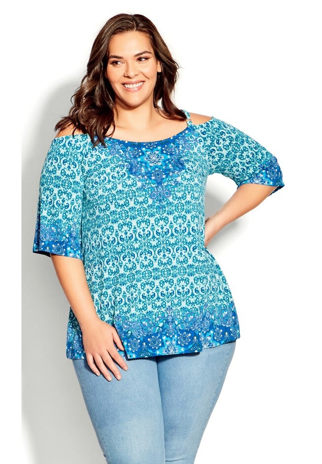 Zoey Cold Shoulder Tunic, AZURE SCARF, alternate image number null