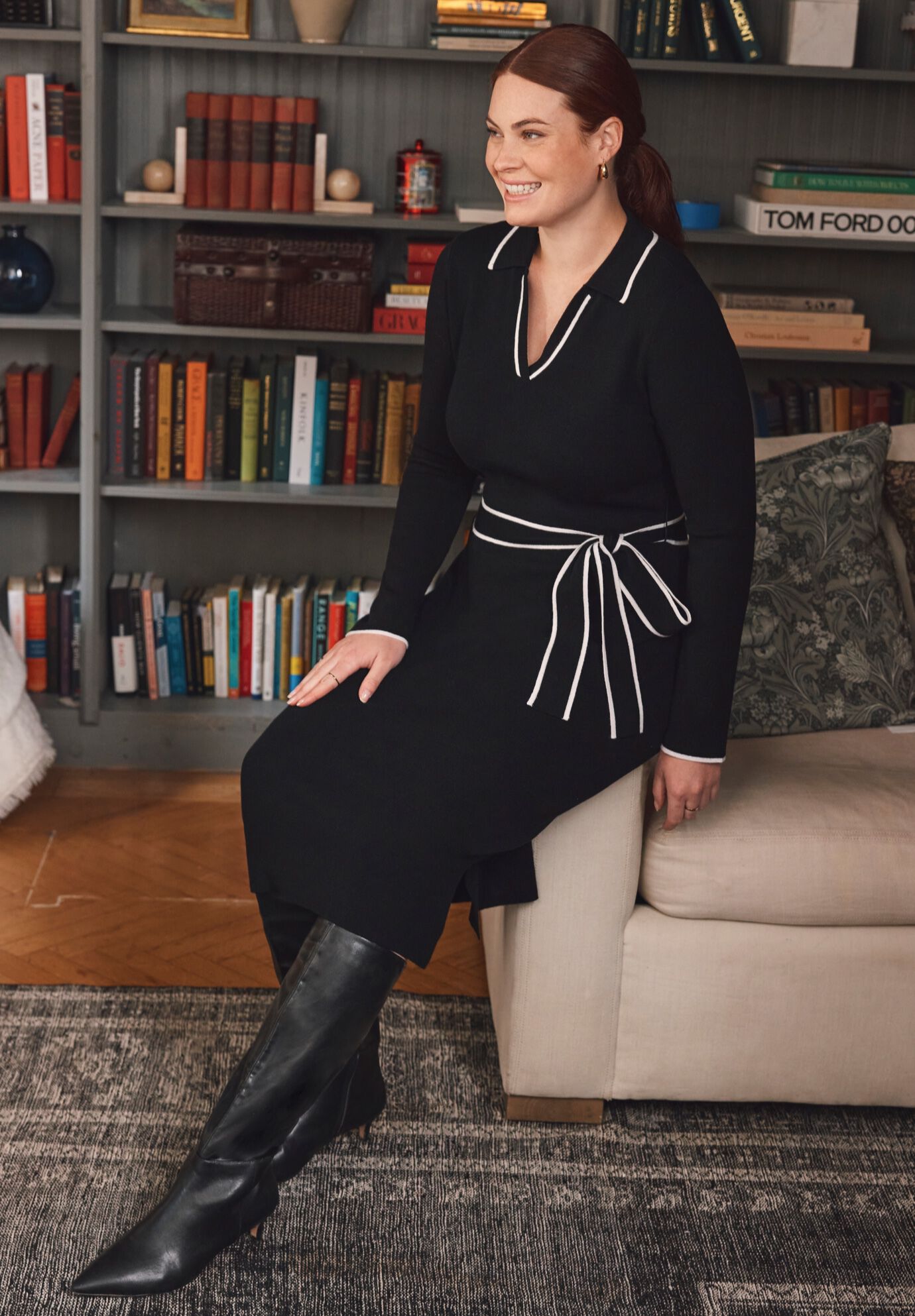 Tipped Collared Sweater Dress, VIBRANT RED, alternate image number 2