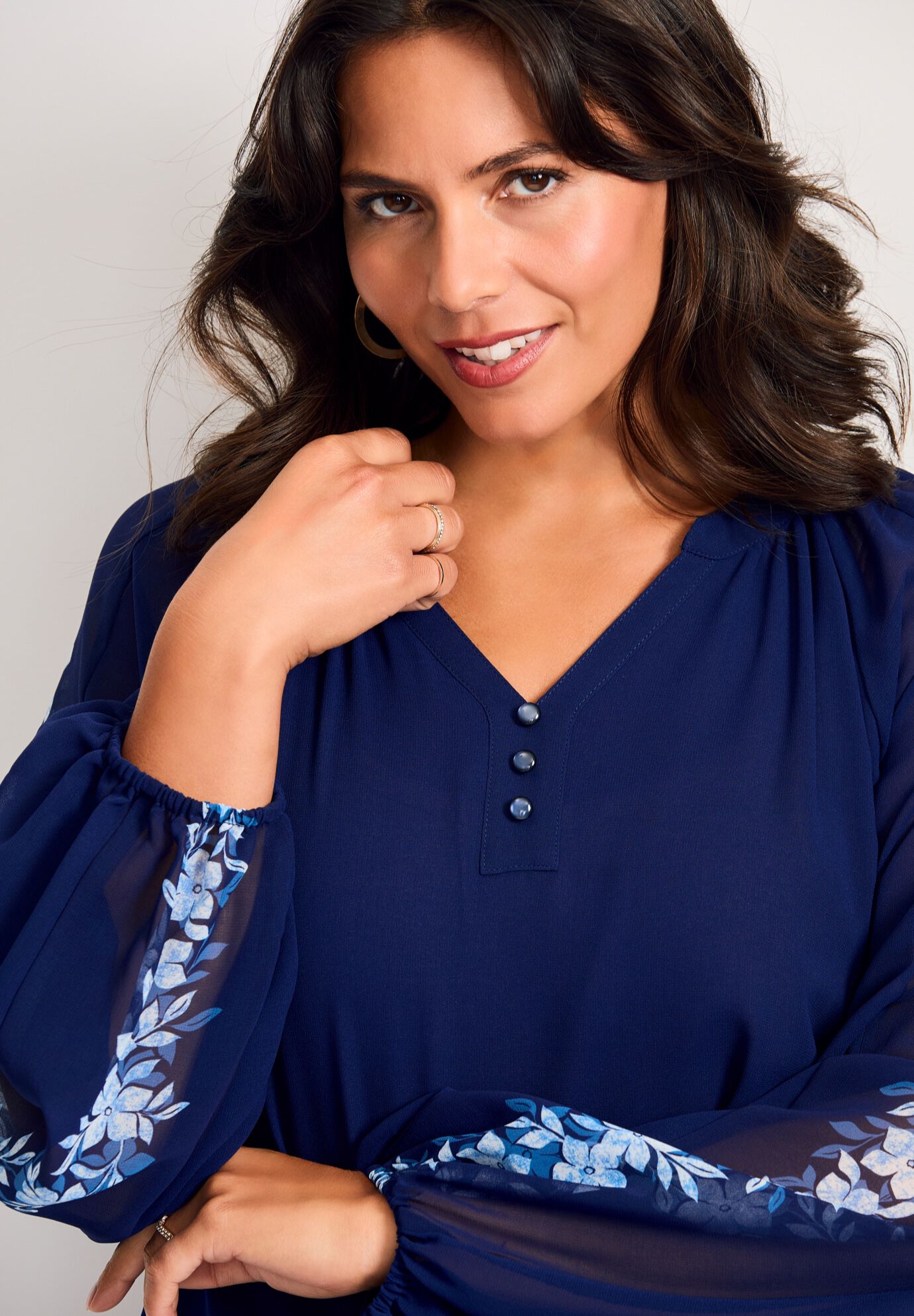 Double Layered Poet Blouse, BLUE FLOWER BORDER, alternate image number 3