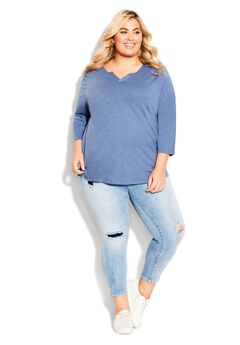 Notch Neck 3/4 Sleeve Plain Tee