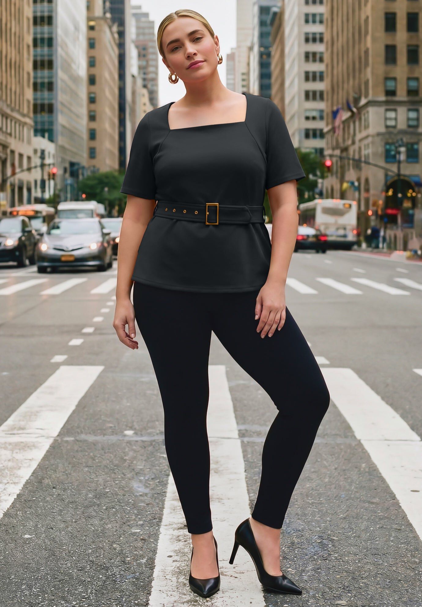 Ponte Square Neck Top, BLACK, hi-res image number 0