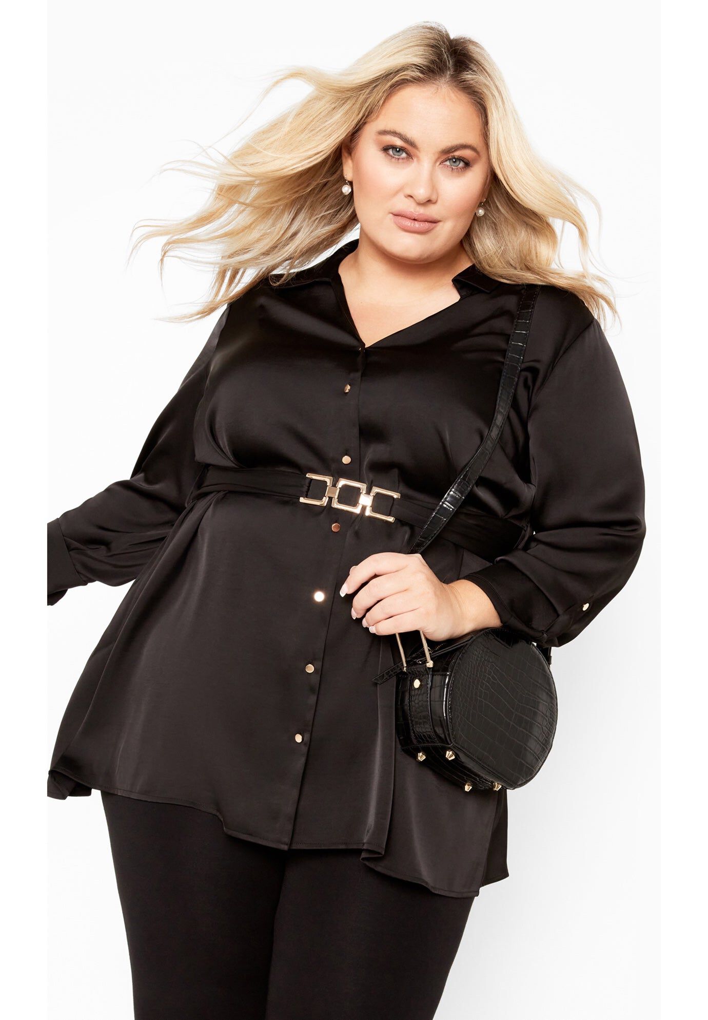 Eva Longline Gold Waist Belt Shirt, BLACK, hi-res image number 0
