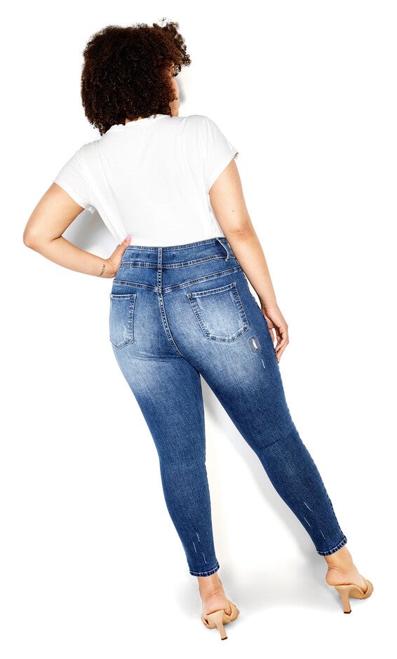 Patched Apple Skinny Jean - mid denim, BLUE, alternate image number 2