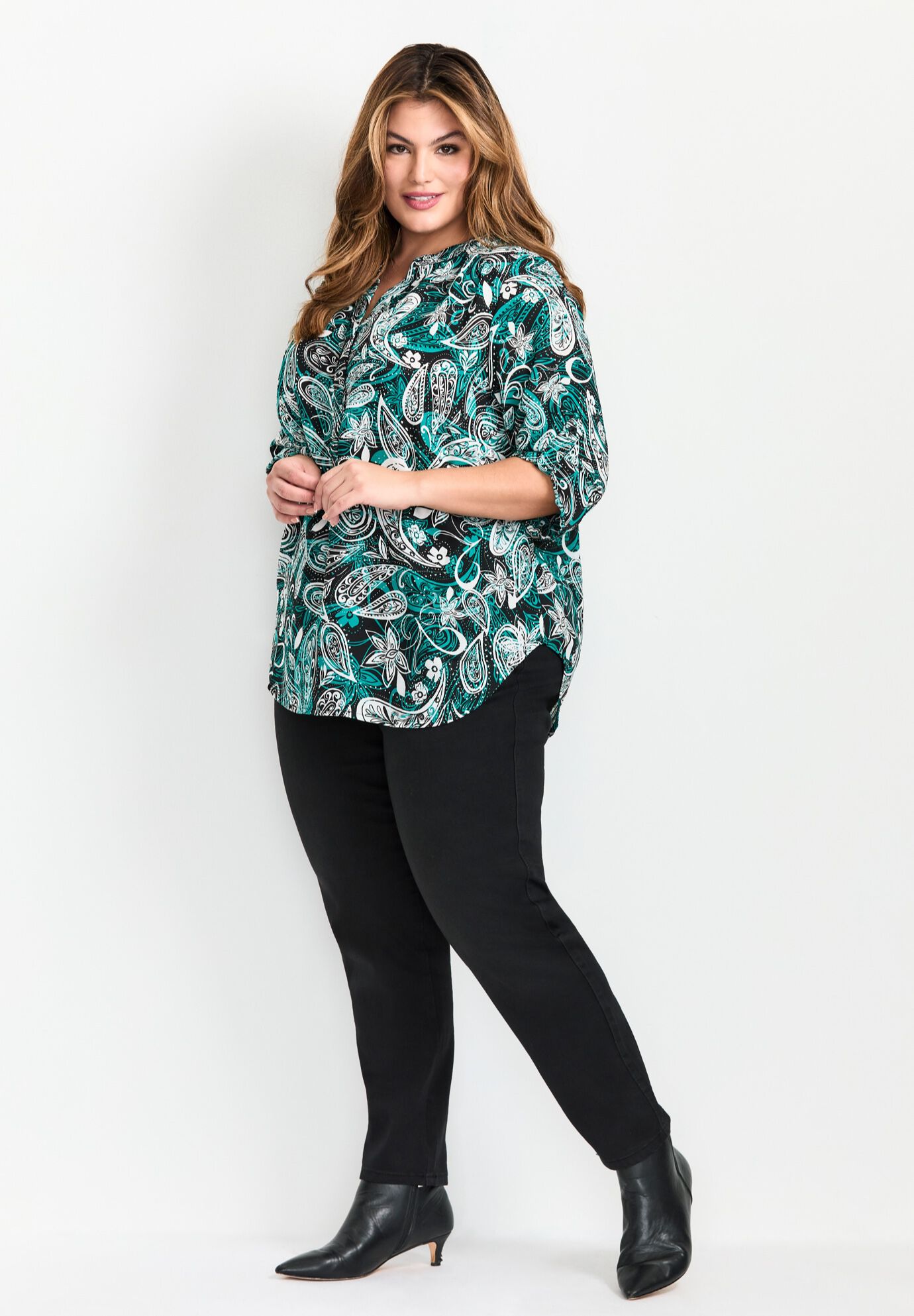 Madeline Tab Sleeve Blouse, EMERALD PAISLEY, alternate image number 1