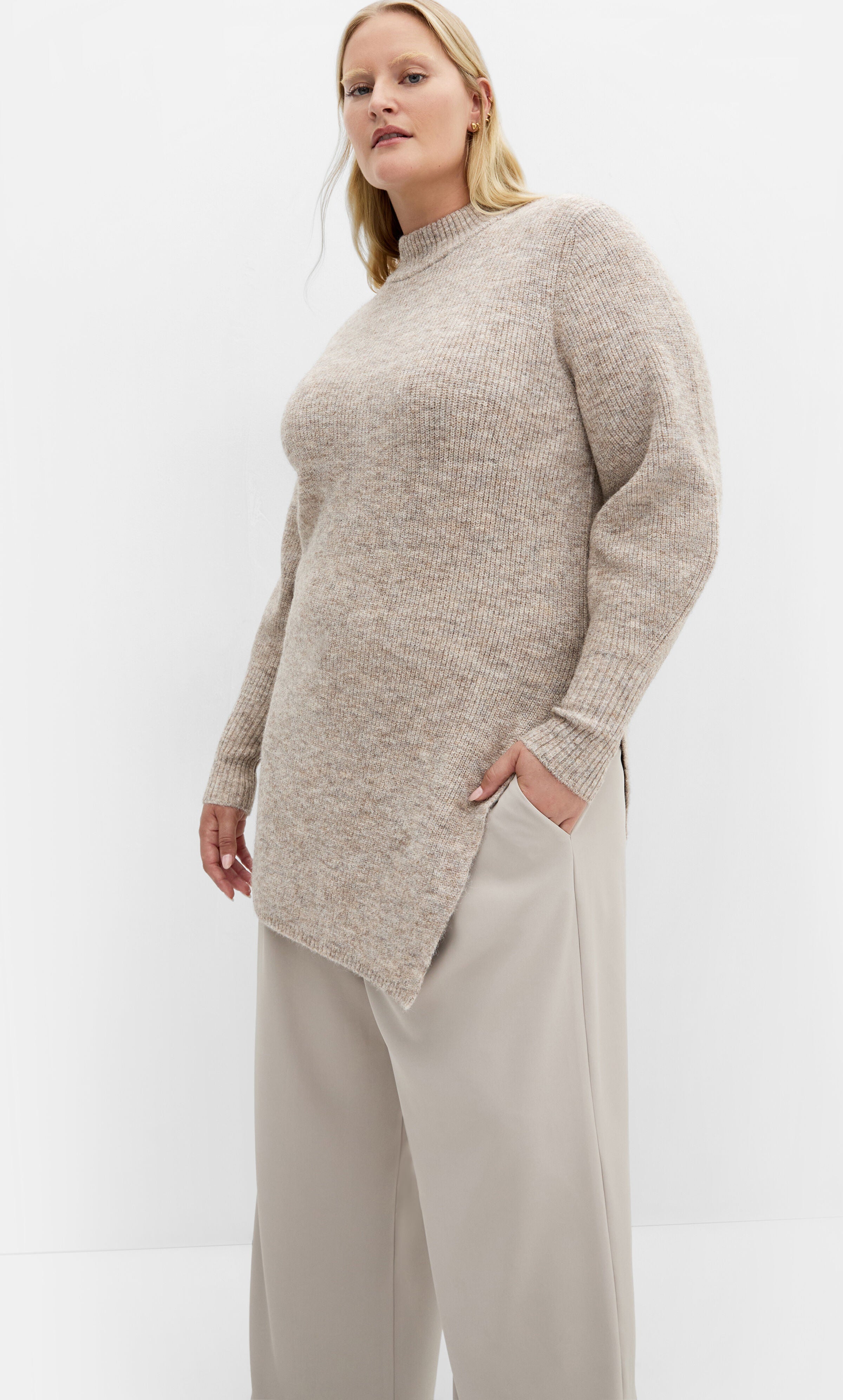 Longline Split Sweater - taupe, BEIGE, hi-res image number 0