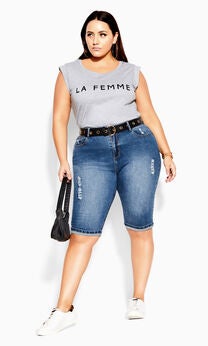 Turn Up Distressed Detail Knee Length Short - mid denim
