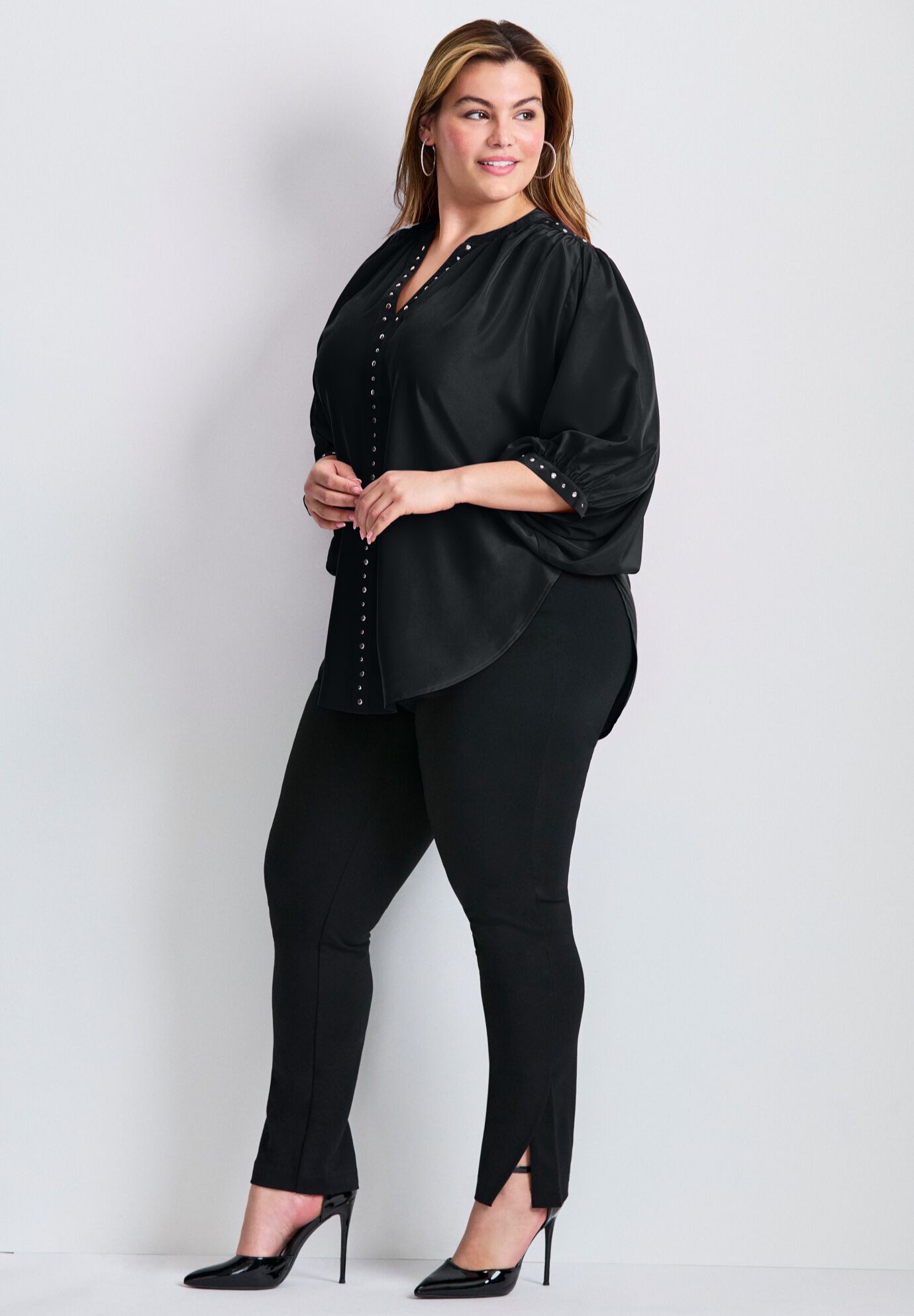 Studded Blouson Sleeve Blouse, BLACK, alternate image number 3