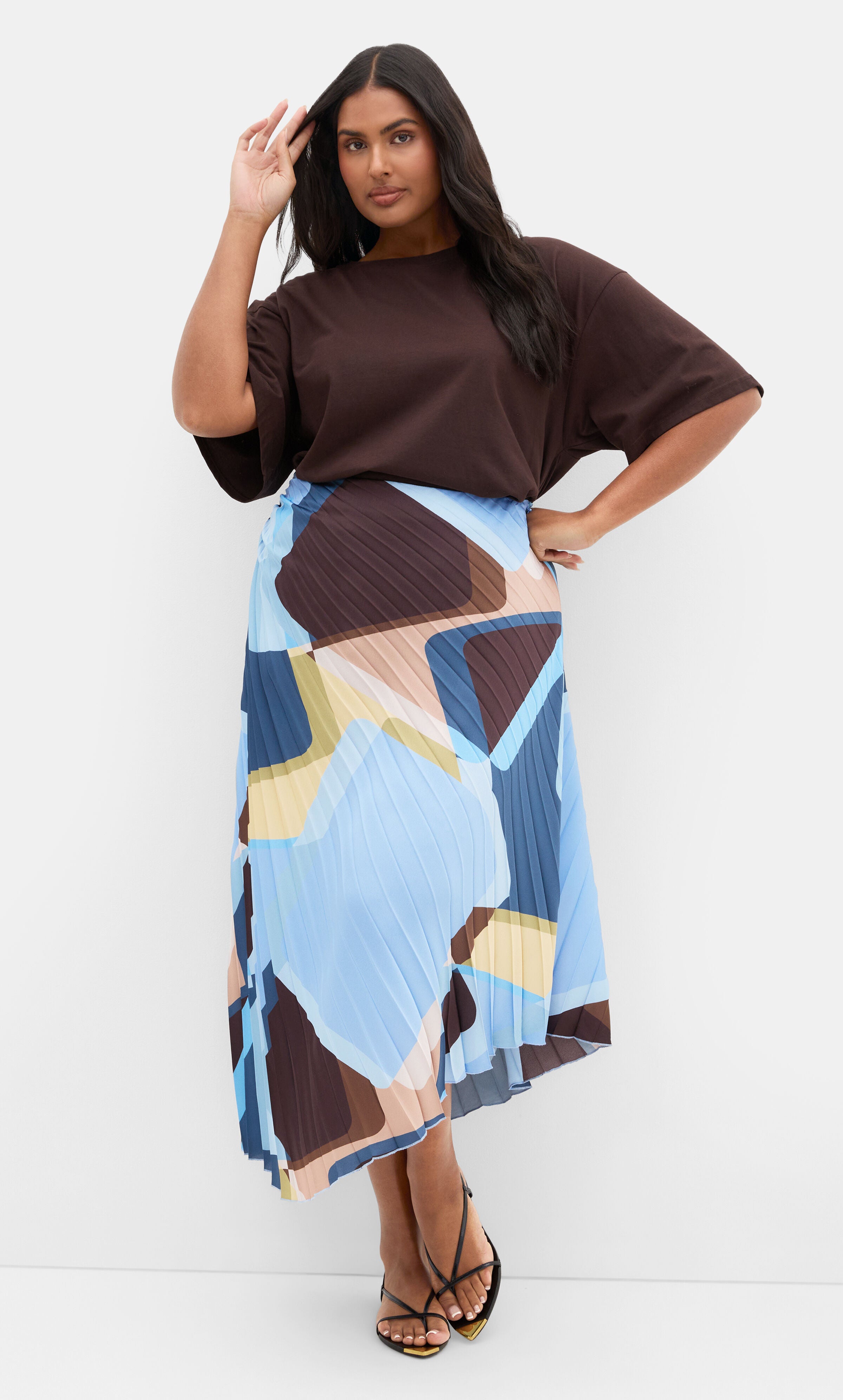 Amaya Abstract Print Pleat Skirt, BLUE, hi-res image number 0