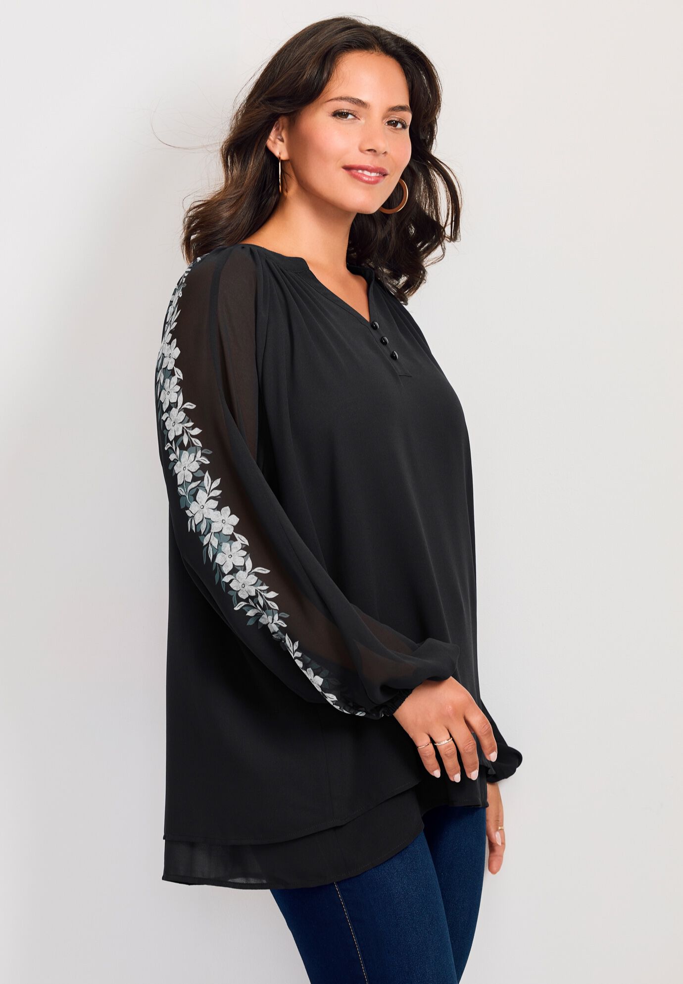 Double Layered Poet Blouse, BLACK FLOWER BORDER, alternate image number 2