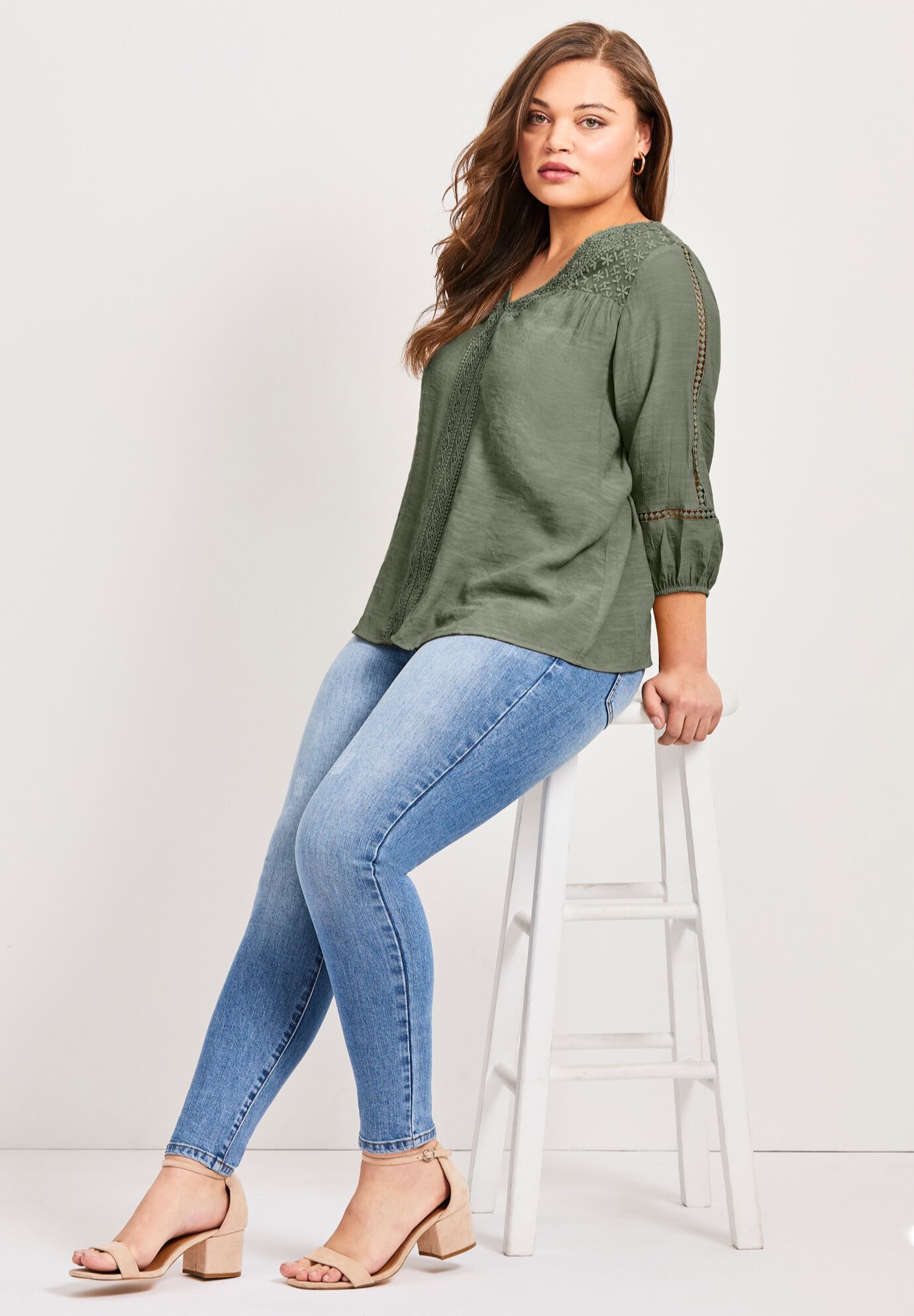 Embroidered Lace Detail Peasant Blouse, OLIVE, alternate image number 5