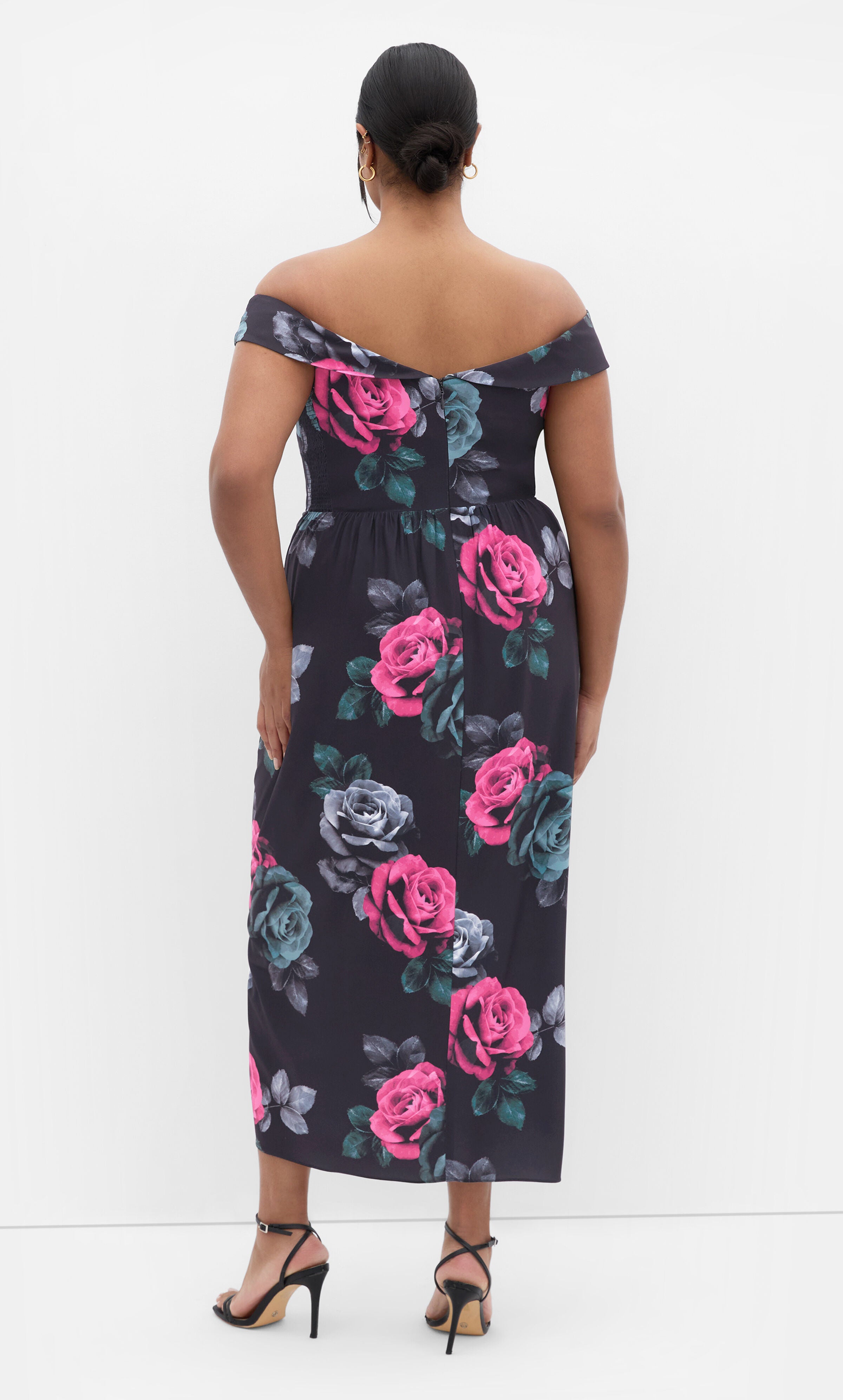 Claire Print Off Shoulder Dress - black, BLACK, alternate image number 1